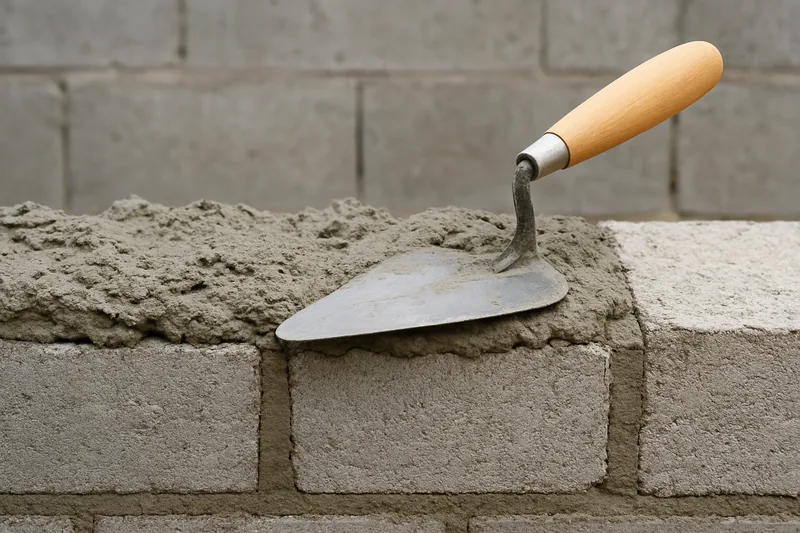 A bed of fresh grey mortar on the top edge of a concrete block with a steel trowel beside it — block wall, Bowling Green. Illustrative example.