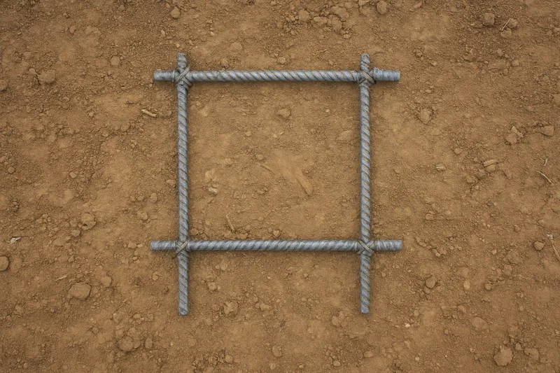 Four steel reinforcing bars tied into a small grid on bare soil — block wall, Bowling Green. Illustrative example.