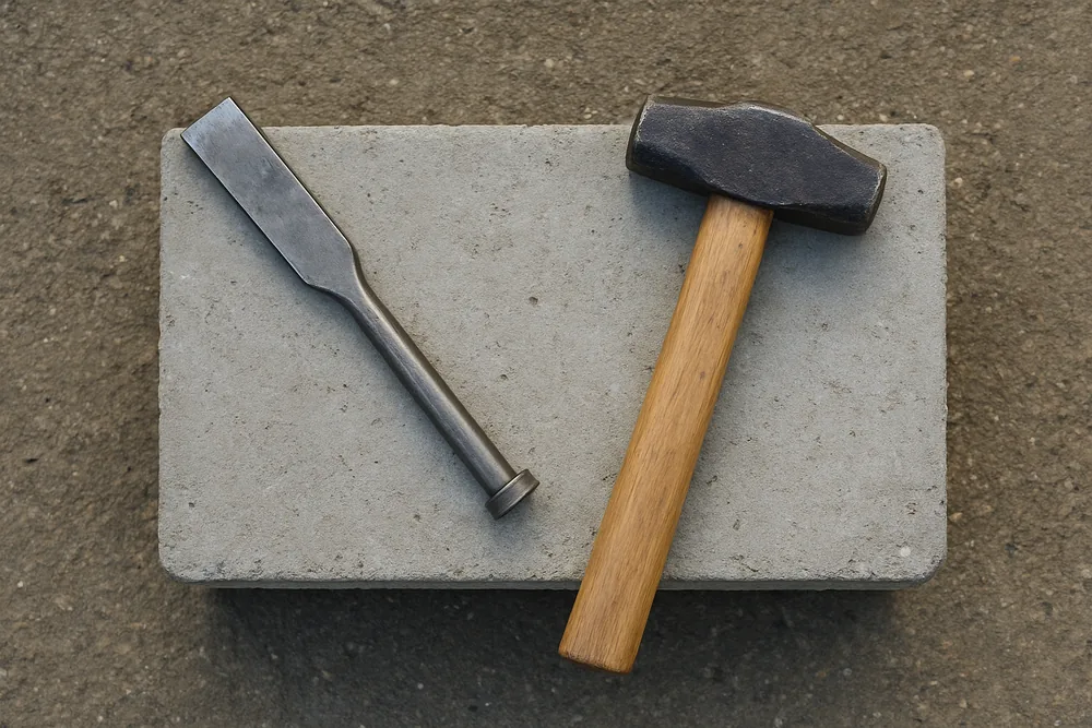 A brick bolster chisel and a lump hammer on a plain concrete block — block wall, Bowling Green. Illustrative example.