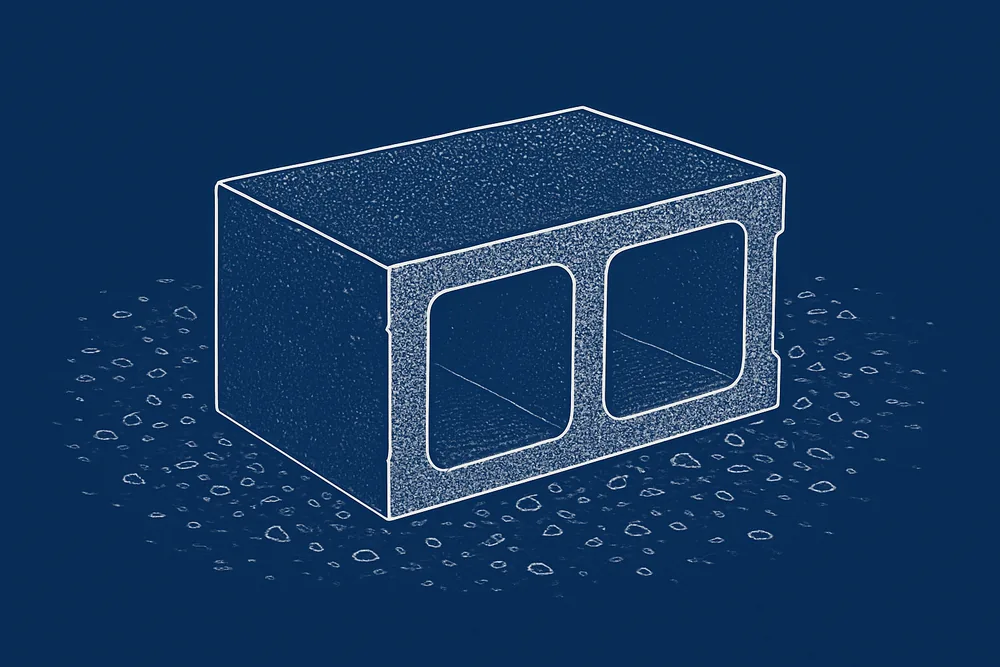 A hollow concrete block on its side on loose gravel with both open cores facing the camera — block wall, Bowling Green. Illustrative example.