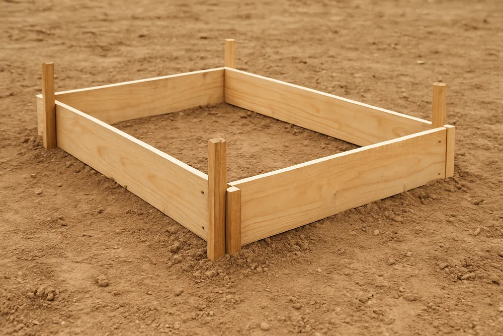 An empty shallow timber form box staked in bare level soil — block wall, Bowling Green. Illustrative example.