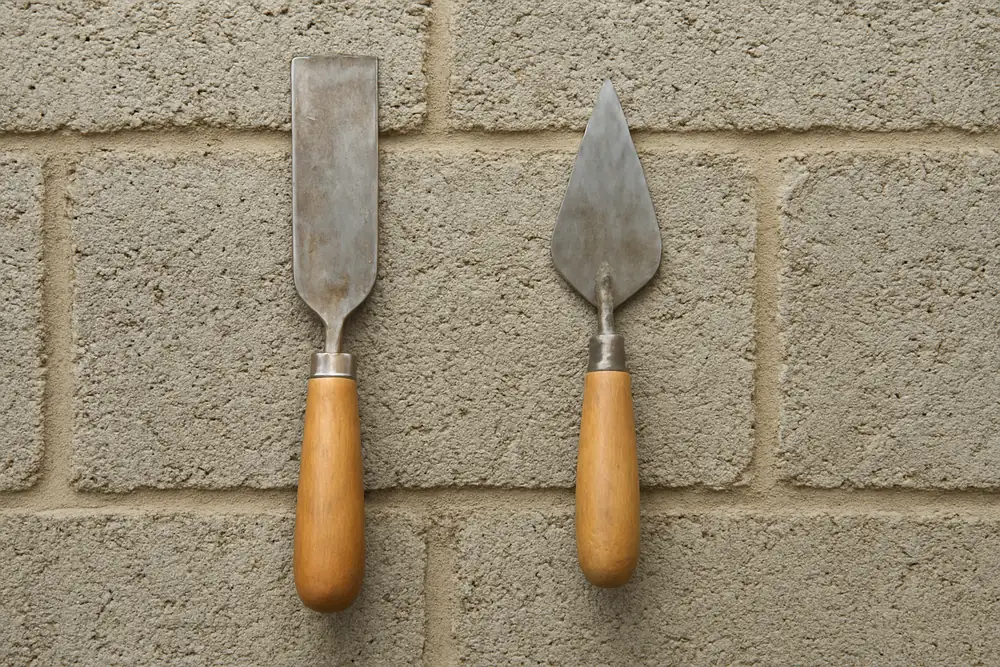 A jointing tool and a small pointing trowel on the rough face of a concrete block — block wall, Bowling Green. Illustrative example.