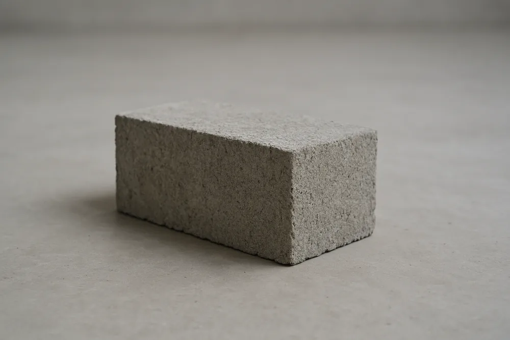 A single plain grey concrete block on a smooth bare concrete floor in soft light — block wall, Bowling Green. Illustrative example.