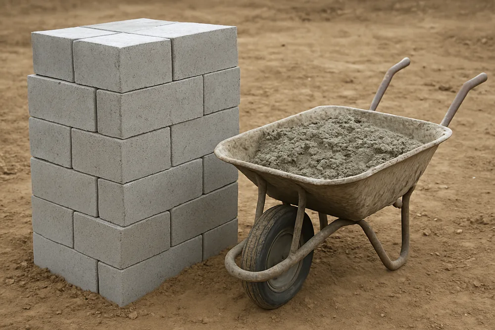 A neat stack of plain grey concrete blocks beside a wheelbarrow holding wet mortar — block wall, Bowling Green. Illustrative example.