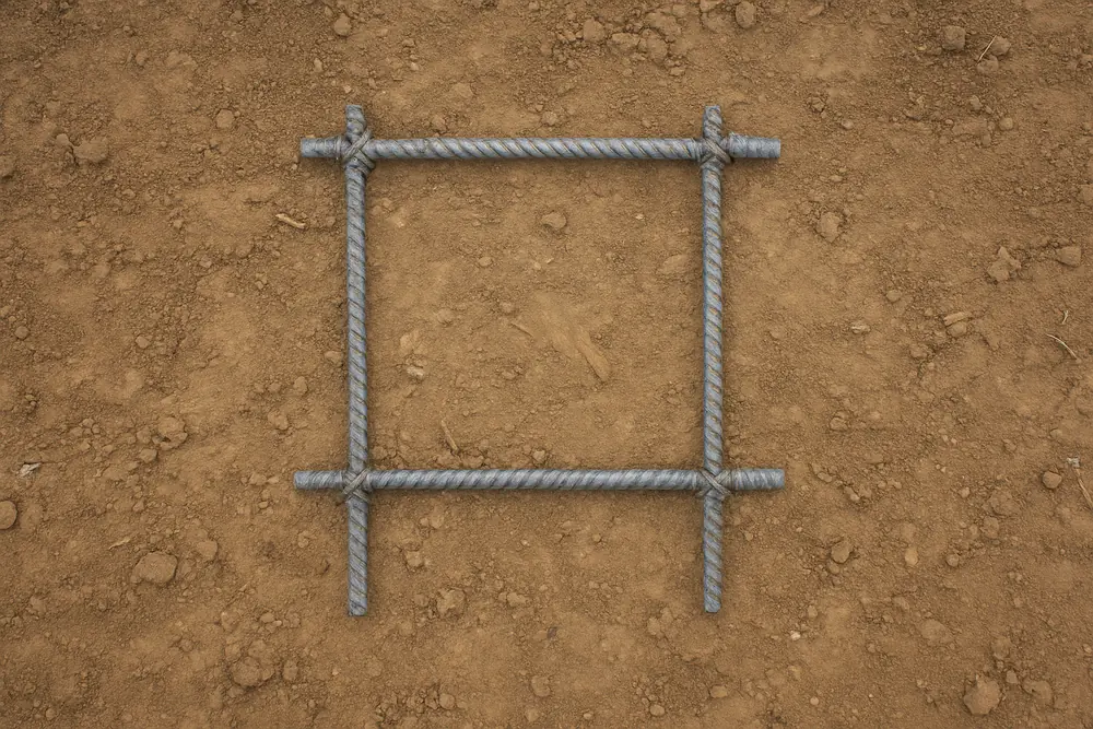 Four steel reinforcing bars tied into a small grid on bare soil — block wall, Bowling Green. Illustrative example.