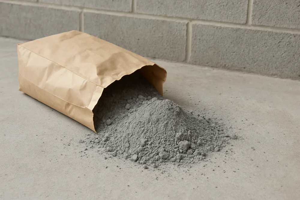 A torn-open paper sack with grey mortar powder spilled on a concrete slab — block wall, Bowling Green. Illustrative example.
